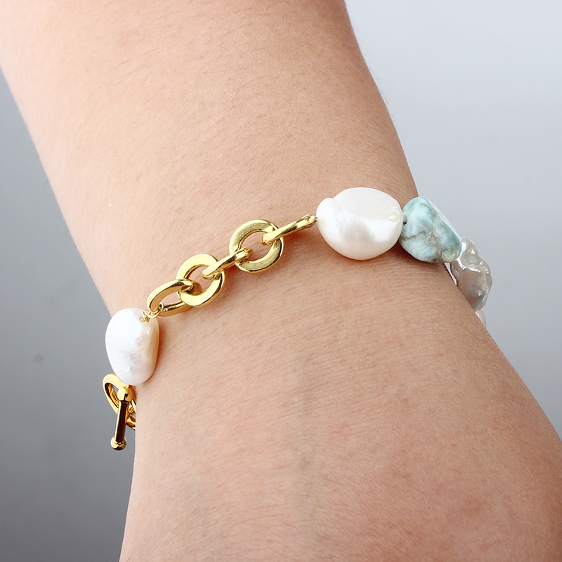 925 Sterling Silver Baroque Pearl & Larimar Color-Block Toggle Clasp Bracelet