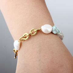 925 Sterling Silver Baroque Pearl & Larimar Color-Block Toggle Clasp Bracelet