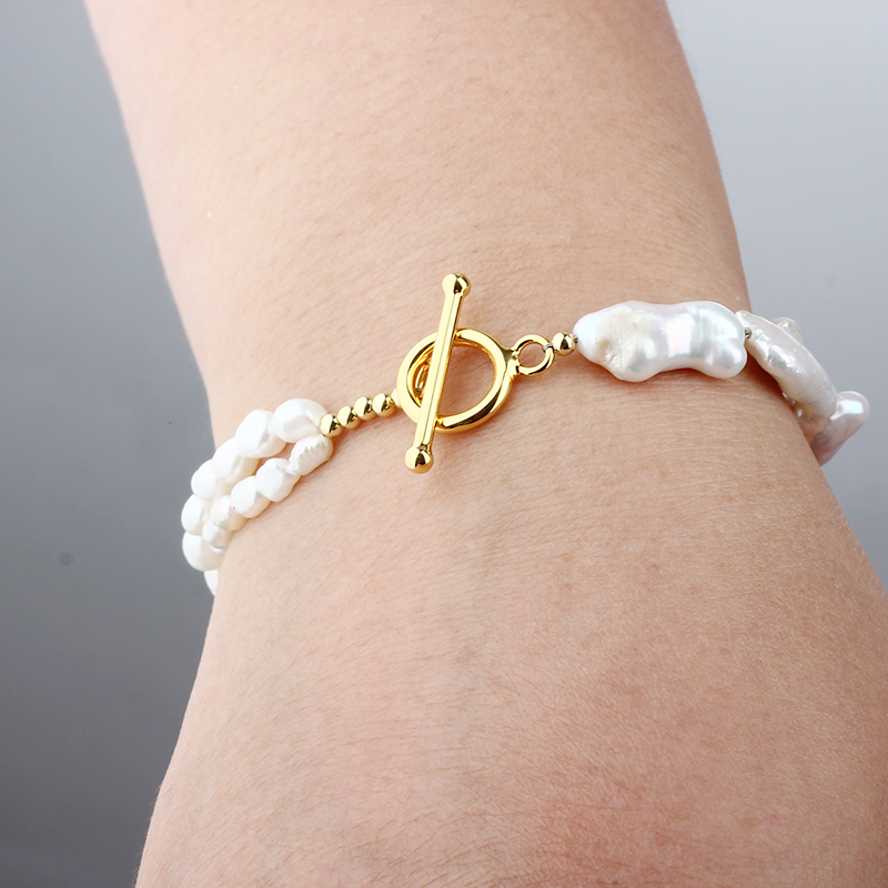 925 Sterling Silver Dual-Style Baroque Pearl Knot Toggle Clasp Bracelet