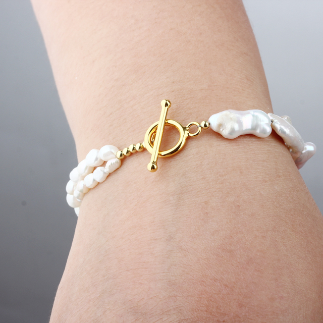 925 Sterling Silver Dual-Style Baroque Pearl Knot Toggle Clasp Bracelet