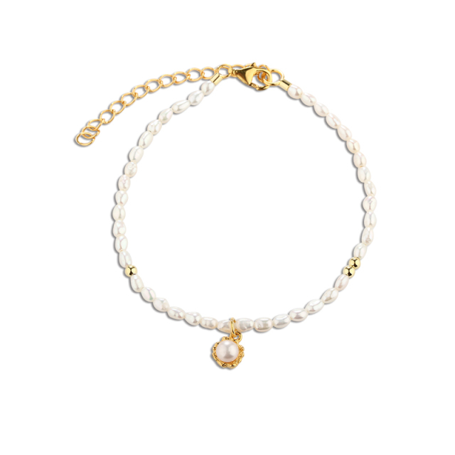 925 Sterling Silver Seed Pearl Bracelet with Floral Setting Pearl Pendant