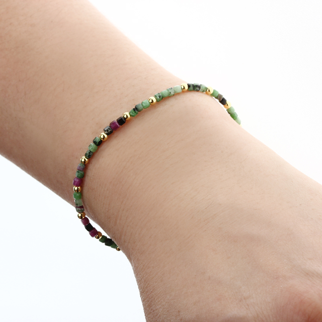 925 Sterling Silver Ruby Zoisite Cube Bead & Gold Bead Bracelet