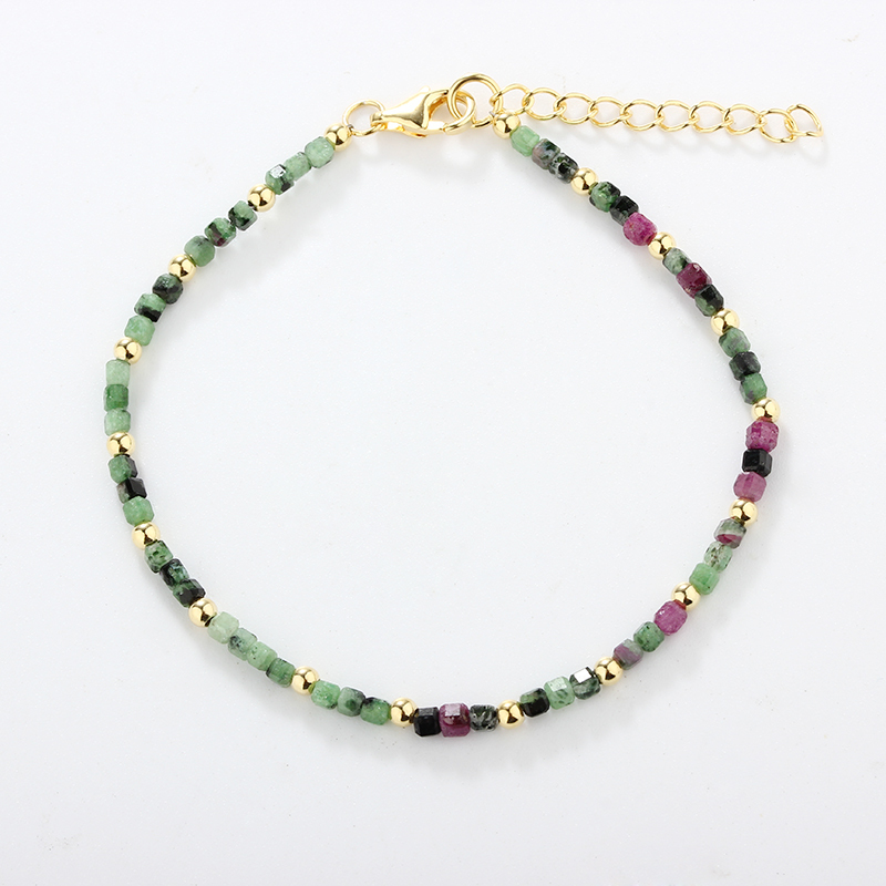 925 Sterling Silver Ruby Zoisite Cube Bead & Gold Bead Bracelet