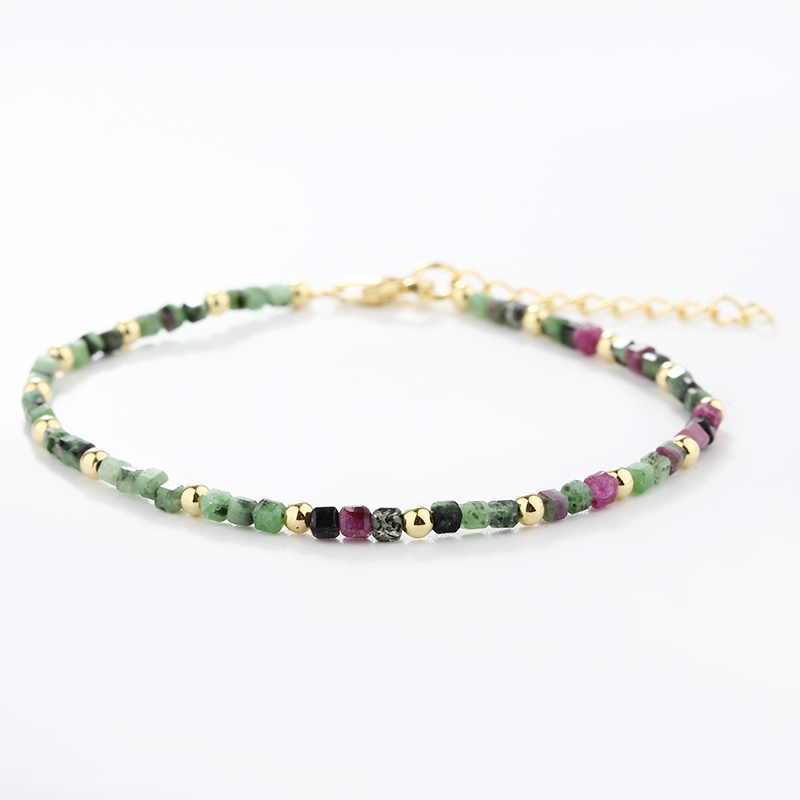 925 Sterling Silver Ruby Zoisite Cube Bead & Gold Bead Bracelet
