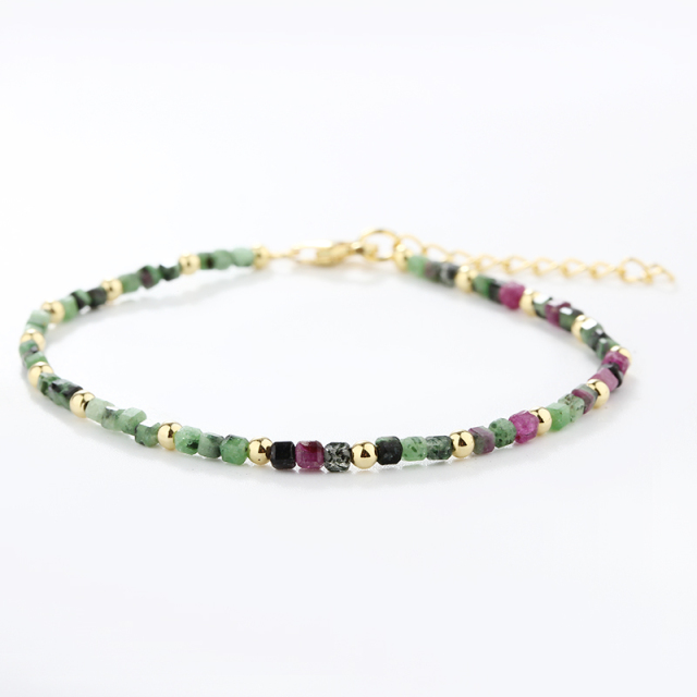 925 Sterling Silver Ruby Zoisite Cube Bead & Gold Bead Bracelet