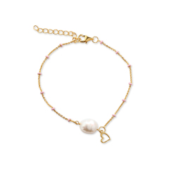 925 Sterling Silver Pink Enamel Bead Baroque Pearl & Heart Charm Bracelet