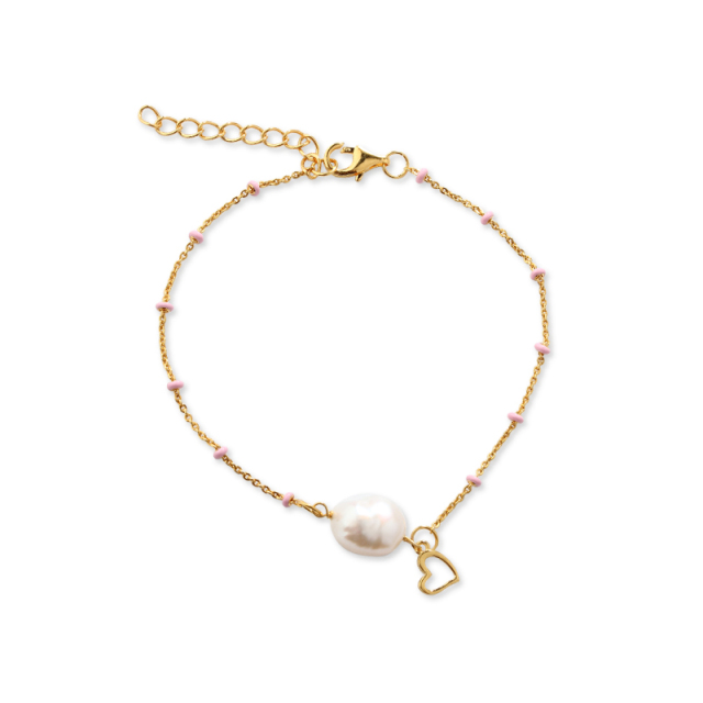 925 Sterling Silver Pink Enamel Bead Baroque Pearl & Heart Charm Bracelet