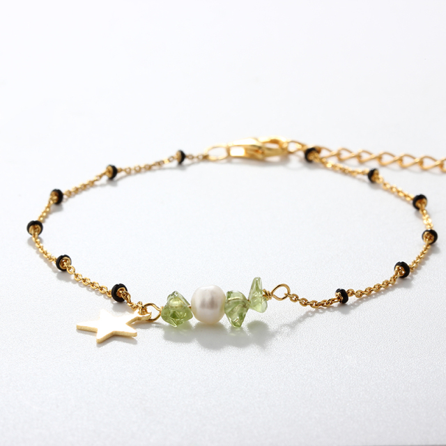 925 Sterling Silver Peridot, Pearl & Star Charm Bracelet