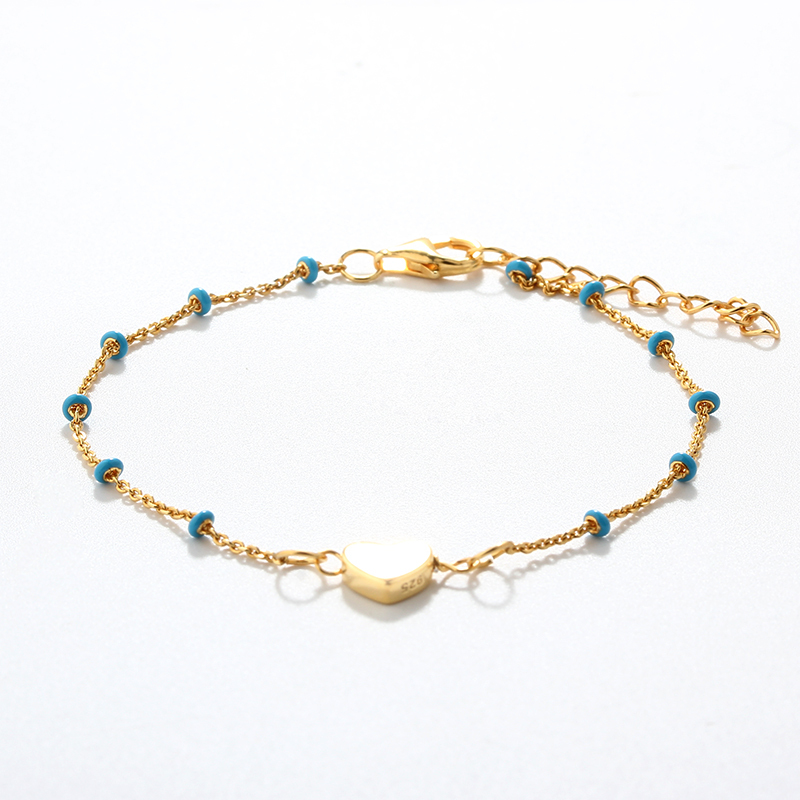 925 Sterling Silver Blue Enamel Bead & Heart Charm Bracelet
