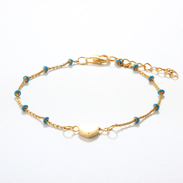 925 Sterling Silver Blue Enamel Bead & Heart Charm Bracelet