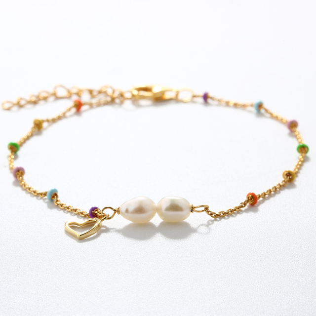 925 Sterling Silver Rainbow Enamel Bead Baroque Pearl & Heart Charm Bracelet
