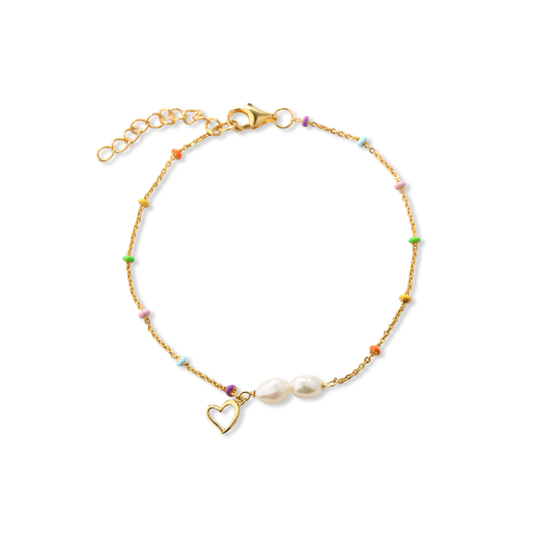 925 Sterling Silver Rainbow Enamel Bead Baroque Pearl & Heart Charm Bracelet