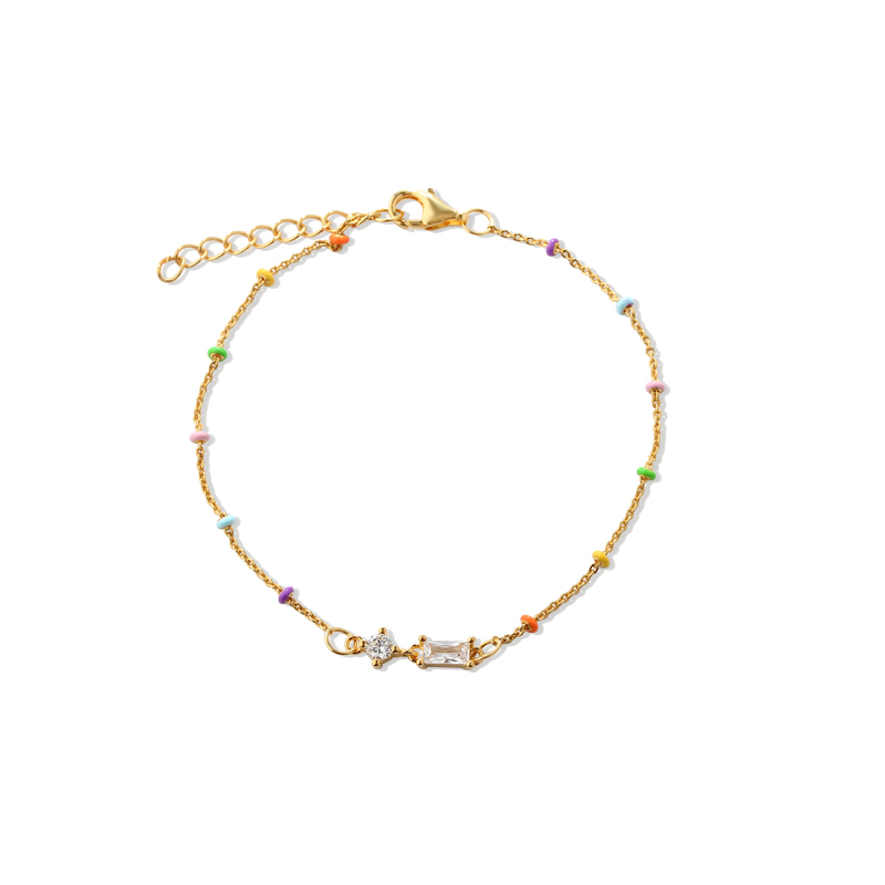 925 Sterling Silver Rainbow Enamel Bead & Baguette Crystal Bracelet
