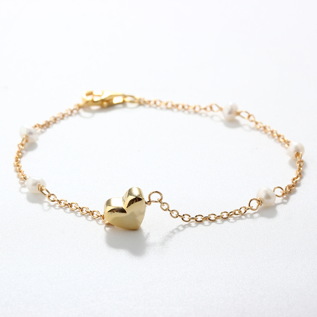 925 Sterling Silver Pearl & Heart Bead Bracelet