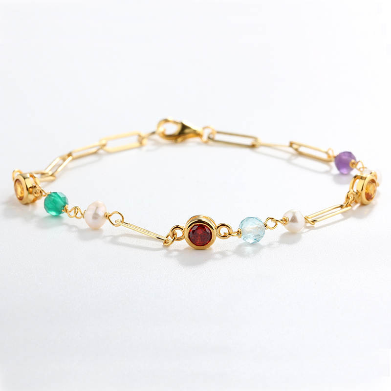 925 Sterling Silver Multi-Gemstone Paperclip Chain Color-Block Bracelet