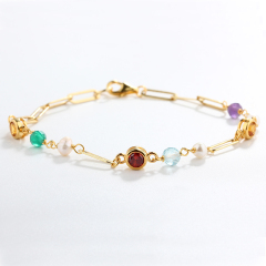 925 Sterling Silver Multi-Gemstone Paperclip Chain Color-Block Bracelet