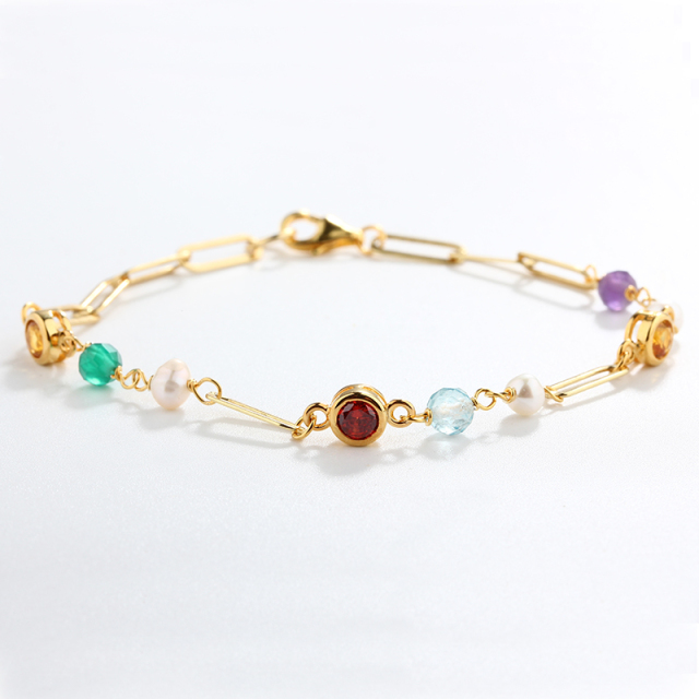 925 Sterling Silver Multi-Gemstone Paperclip Chain Color-Block Bracelet