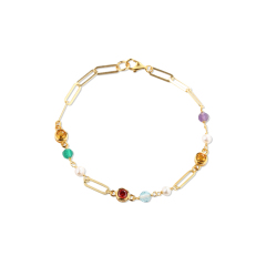 925 Sterling Silver Multi-Gemstone Paperclip Chain Color-Block Bracelet