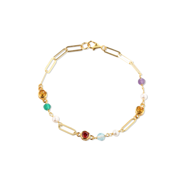 925 Sterling Silver Multi-Gemstone Paperclip Chain Color-Block Bracelet