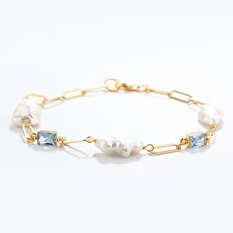 925 Sterling Silver Baroque Pearl & Color Zircon Paperclip Chain Bracelet