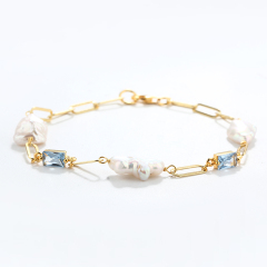 925 Sterling Silver Baroque Pearl & Color Zircon Paperclip Chain Bracelet