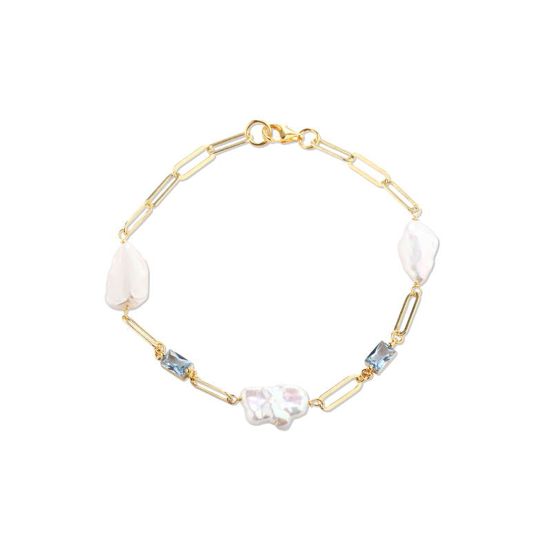 925 Sterling Silver Baroque Pearl & Color Zircon Paperclip Chain Bracelet