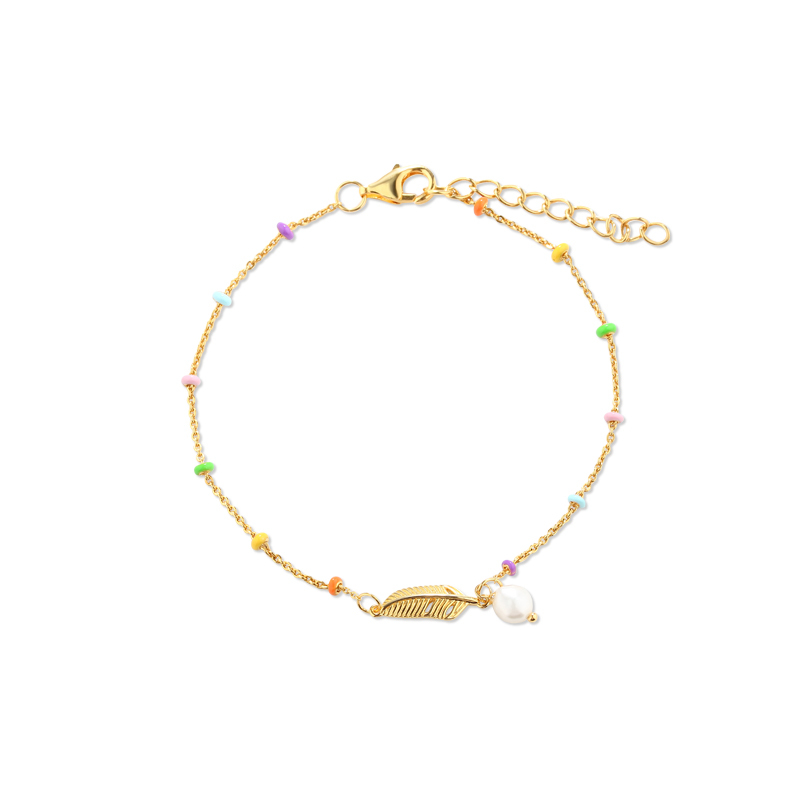 925 Sterling Silver Rainbow Enamel Bead, Feather & Baroque Pearl Bracelet