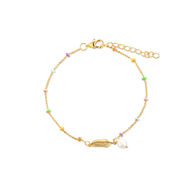 925 Sterling Silver Rainbow Enamel Bead, Feather & Baroque Pearl Bracelet