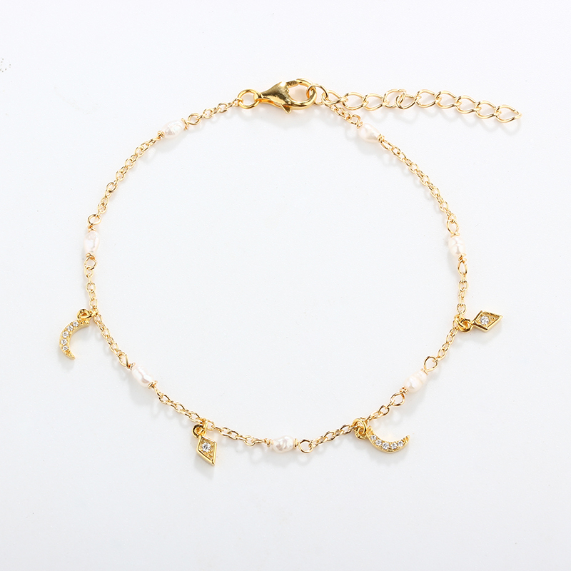 925 Sterling Silver Moon & Star Zircon Baroque Pearl Bracelet