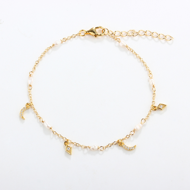 925 Sterling Silver Moon & Star Zircon Baroque Pearl Bracelet