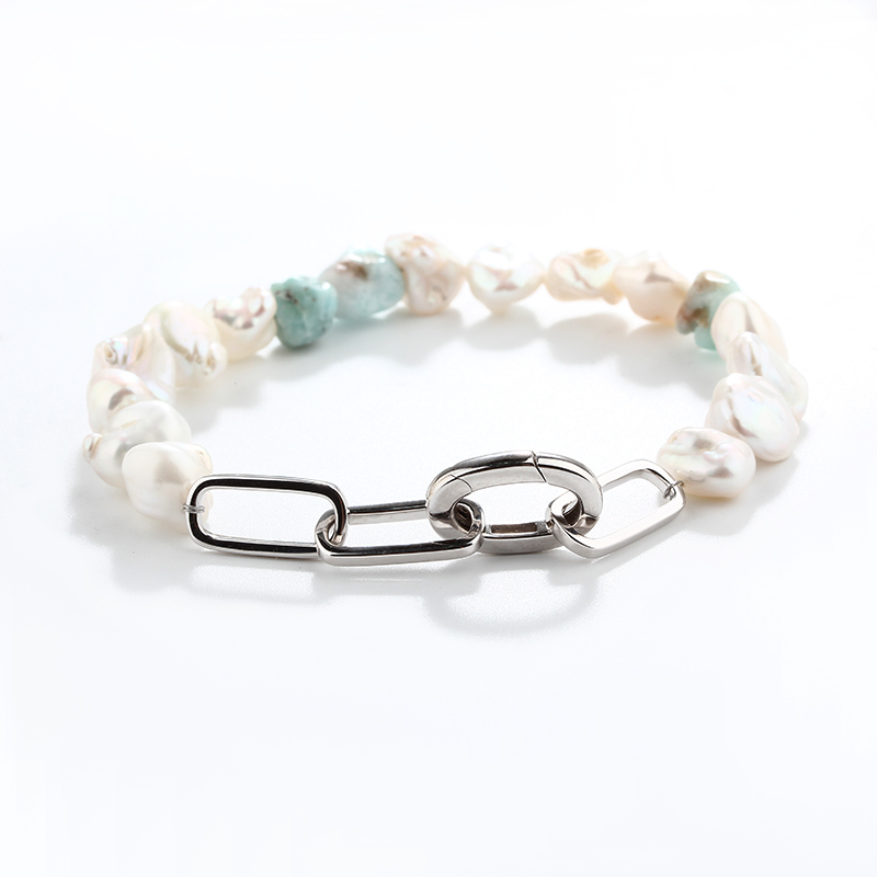 925 Sterling Silver Larimar & Baroque Pearl Paperclip Chain Bracelet