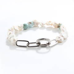 925 Sterling Silver Larimar & Baroque Pearl Paperclip Chain Bracelet