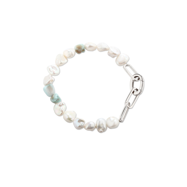 925 Sterling Silver Larimar & Baroque Pearl Paperclip Chain Bracelet