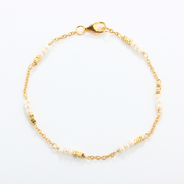 925 Sterling Silver Gold Bead & Seed Pearl Chain Bracelet
