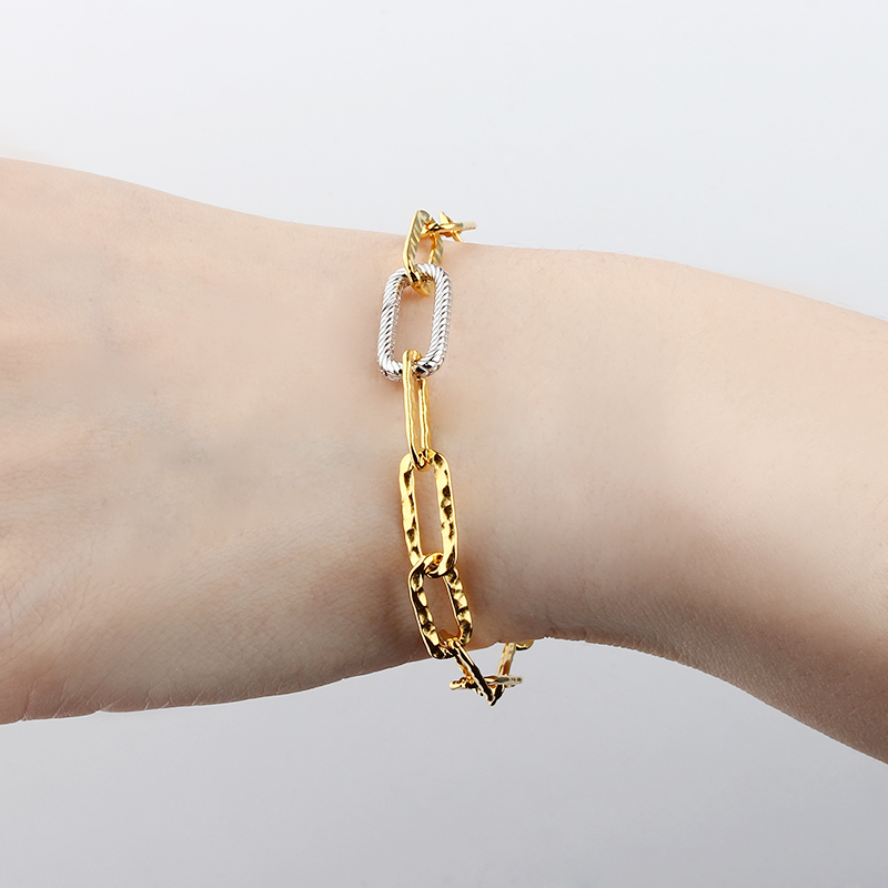 Tow Tones Color 925 Sterling Silver Hammer Paperclip Chain Bracelet with Link Clasp