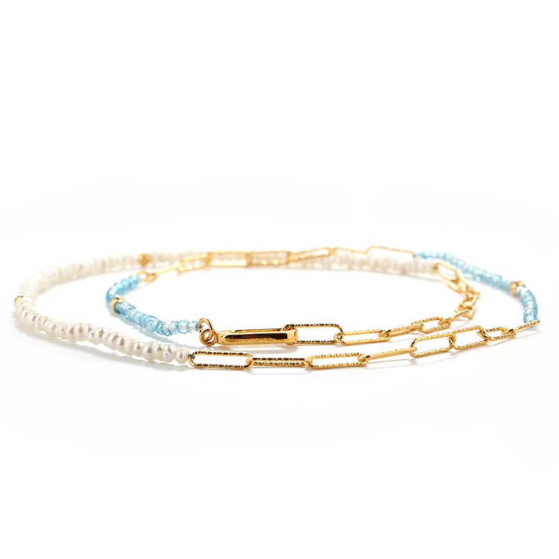 925 Sterling Silver Asymmetric Paperclip & Mini Pearl Necklace with Blue Topaz Accents