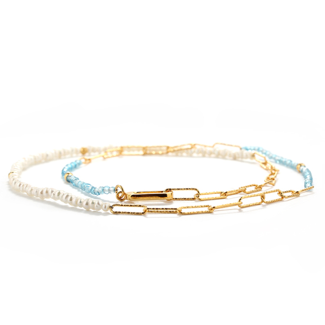 925 Sterling Silver Asymmetric Paperclip & Mini Pearl Necklace with Blue Topaz Accents
