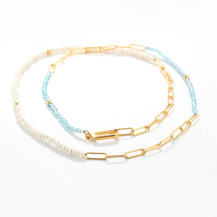 925 Sterling Silver Asymmetric Paperclip & Mini Pearl Necklace with Blue Topaz Accents