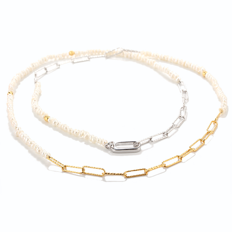 925 Silver Two-Tone Mini Pearl & Paperclip Chain Necklace