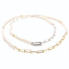 925 Silver Two-Tone Mini Pearl & Paperclip Chain Necklace