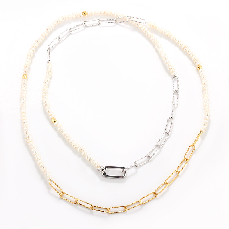 925 Silver Two-Tone Mini Pearl & Paperclip Chain Necklace