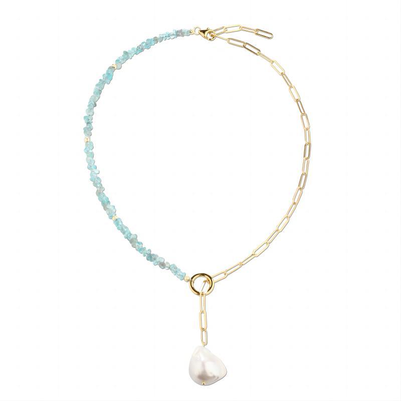 925 Sterling Silver Blue Apatite & Gold Paperclip Chain Necklace with Baroque Pearl Pendant