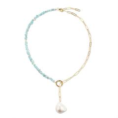 925 Sterling Silver Blue Apatite & Gold Paperclip Chain Necklace with Baroque Pearl Pendant