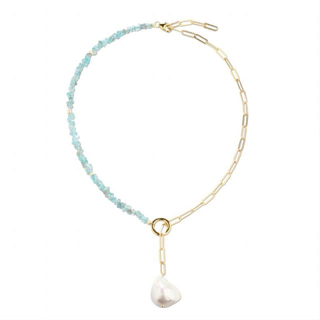 925 Sterling Silver Blue Apatite & Gold Paperclip Chain Necklace with Baroque Pearl Pendant