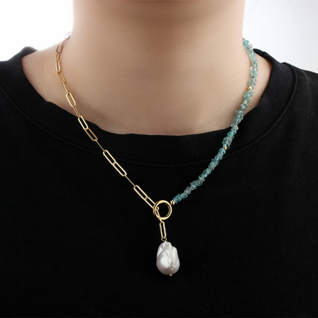 925 Sterling Silver Blue Apatite & Gold Paperclip Chain Necklace with Baroque Pearl Pendant