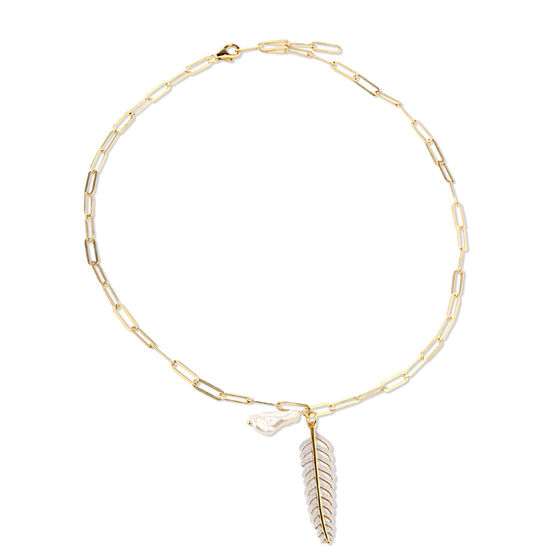 925 Silver Asymmetric Chain Necklace with Pearl Bead & Feather Charm