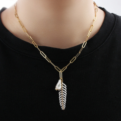 925 Silver Asymmetric Chain Necklace with Pearl Bead & Feather Charm