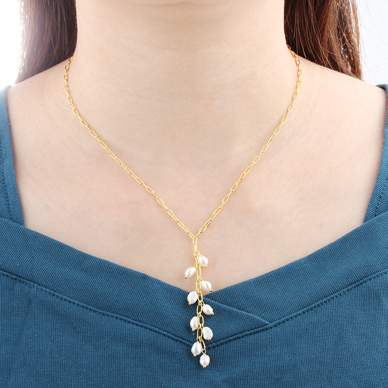 925 Sterling Silver Gold Chain Lily of the Valley Pearl Drop Necklace