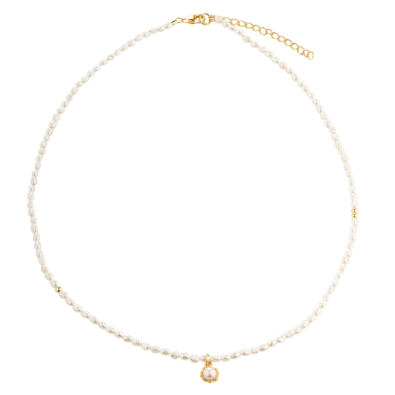 925 Sterling Silver Delicate Rice Pearl Choker Necklace with Mini Pearl Pendant