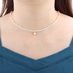 925 Sterling Silver Delicate Rice Pearl Choker Necklace with Mini Pearl Pendant